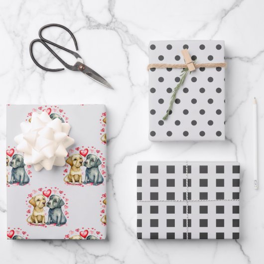 Valentine niedliche Hunde dotieren quadratisches M Geschenkpapier Set (Vorderseite)