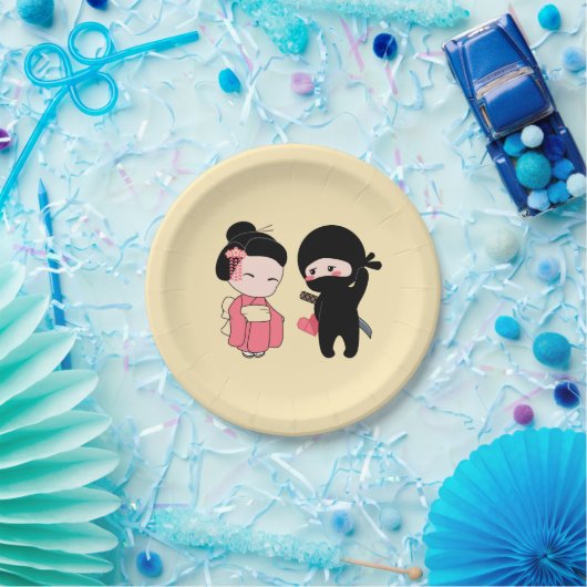 Valentine Ninja und Geisha auf Gelb Pappteller (Party)
