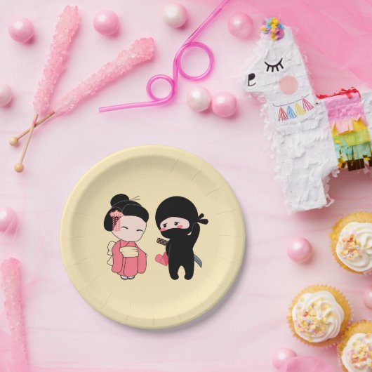 Valentine Ninja und Geisha auf Gelb Pappteller (Party)