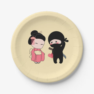 Valentine Ninja und Geisha auf Gelb Pappteller