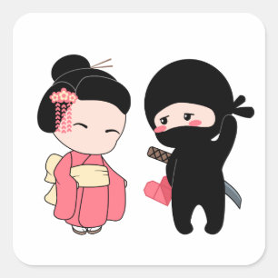 Valentine Ninja und Geisha Quadratischer Aufkleber