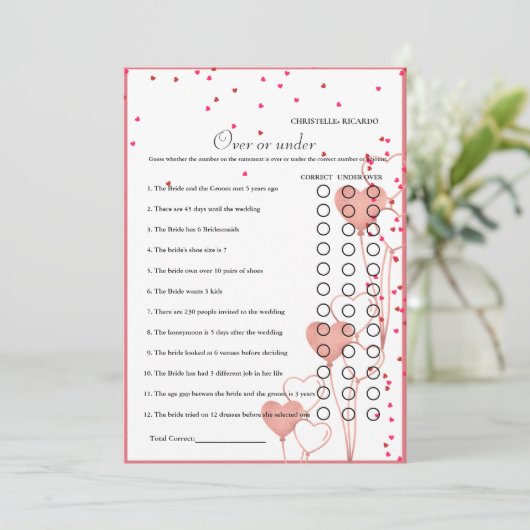 Valentine Over oder unter Brautparty-Spielkarte Ankündigung (Stehend Vorderseite)