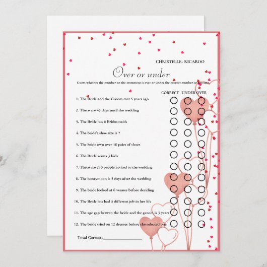 Valentine Over oder unter Brautparty-Spielkarte Ankündigung (Vorne/Hinten)