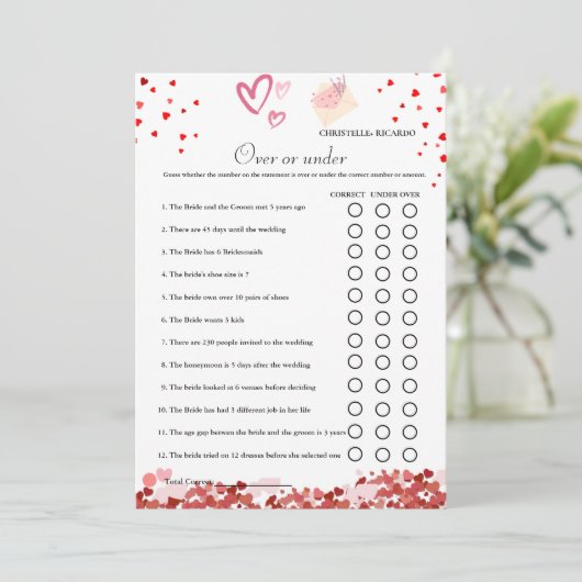 Valentine Over oder unter Brautparty-Spielkarte Ankündigung (Stehend Vorderseite)