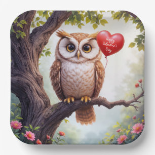 Valentine Owl mit Rotem Herzballon Pappteller