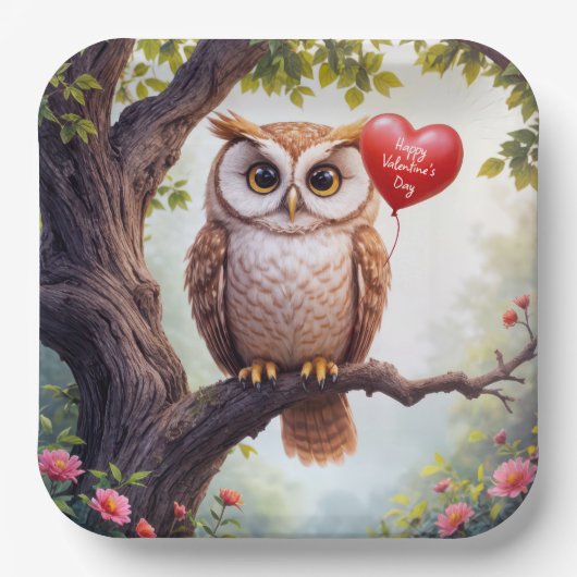 Valentine Owl mit Rotem Herzballon Pappteller (Vorderseite)