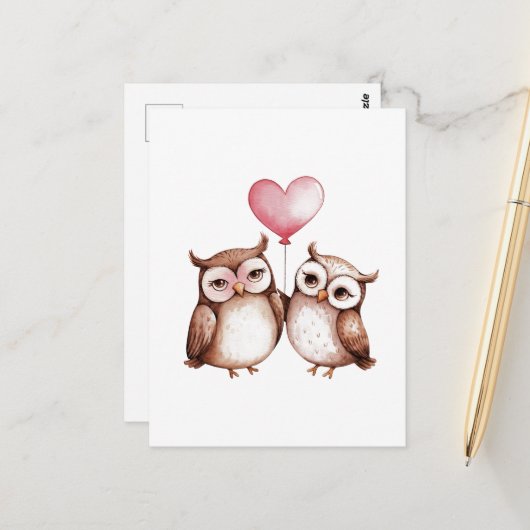 Valentine Owls und Heart Balloon Postkarte (Vorderseite/Rückseite Beispiel)