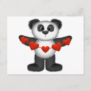 Valentine Panda Bear Holding String of Red Hearts Feiertagspostkarte