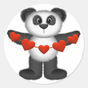 Valentine Panda Bear Holding String of Red Hearts Runder Aufkleber
