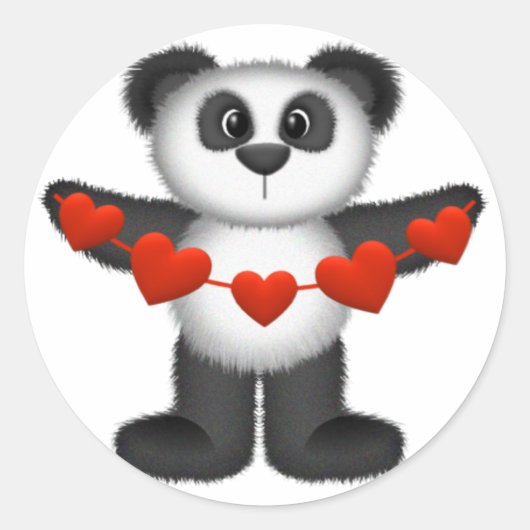 Valentine Panda Bear Holding String of Red Hearts Runder Aufkleber (Vorderseite)