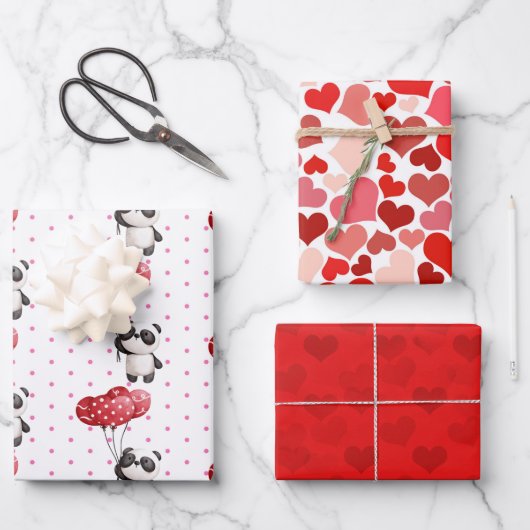 Valentine Panda Bears and Hearts 3 Design Set Geschenkpapier Set (Vorderseite)
