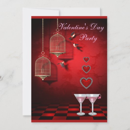 Valentine Party Birds Cages, Hearts & Pink Martini Einladung (Vorderseite)