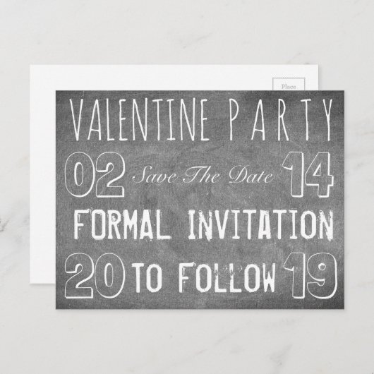 Valentine Party Save the Date Chalkboard Look Ankündigungspostkarte (Vorne/Hinten)