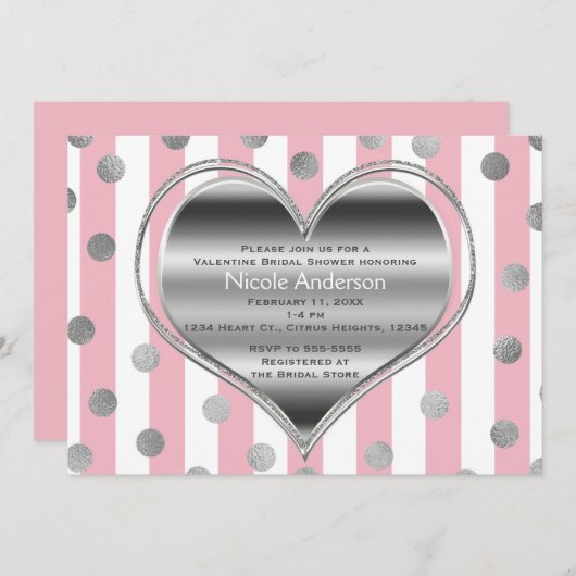 Valentine Party Silberes Herz Rosa und Weiße Strei Einladung (Vorne/Hinten)
