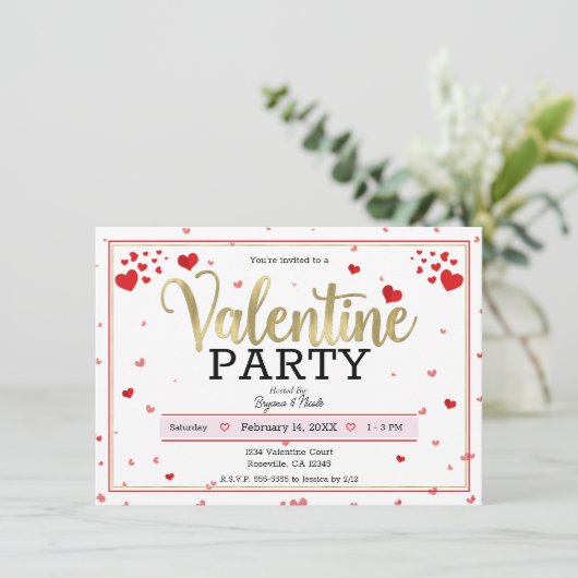 Valentine Party Valentine's Day Hearts Red Gold Einladung (Stehend Vorderseite)