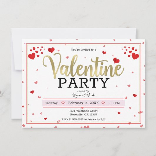 Valentine Party Valentine's Day Hearts Red Gold Einladung (Vorderseite)