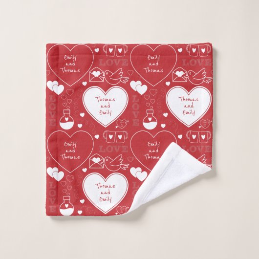 Valentine Pattern Badetuch Set - weiß auf rot (Waschlappen)
