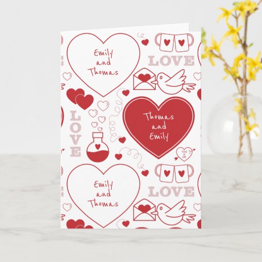 Valentine Pattern Grußkarte - Rot auf Weiß Karte (Gelbe Blume)