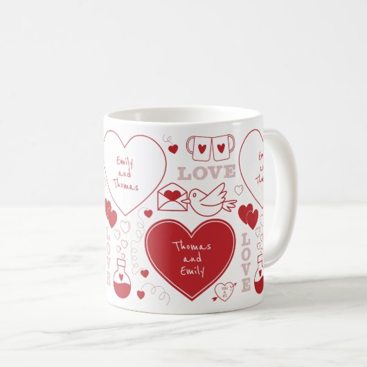 Valentine Pattern Tasse - Rot auf Weiß (VorderseiteRechts)