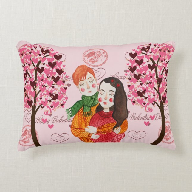 Valentine Pillow mit Niedlichen Paar- und Herzbäum Dekokissen (Vorderseite)