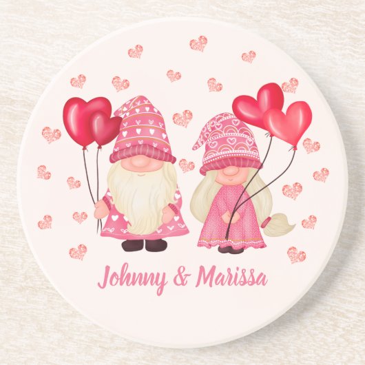 Valentine Pink Gnome Red Hearts Couple Names Getränkeuntersetzer (Vorne)