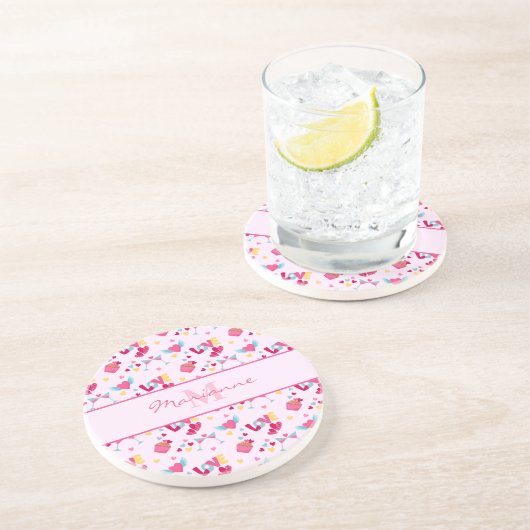 Valentine Pink Liebe Letters Muster Eleganter Name Getränkeuntersetzer (Seite)
