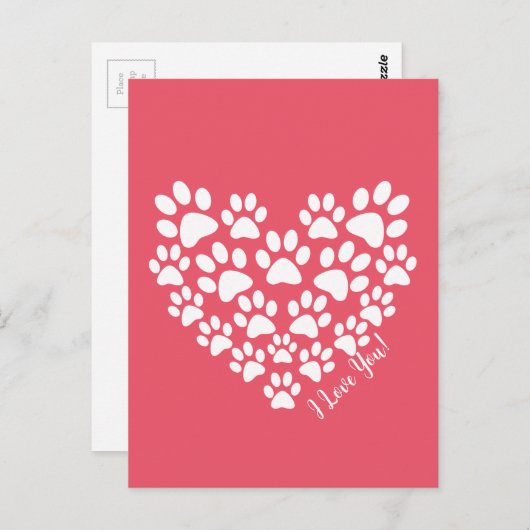 Valentine Pink Paw Print Heart Postkarte (Vorne/Hinten)