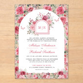 Valentine Pink Red Roses Butterfly Arch Wedding Acryleinladungen (Vorderseite)