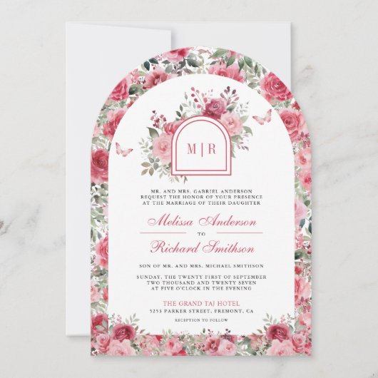 Valentine Pink Rote Rosen Butterfly Arch Wedding Einladung (Vorderseite)