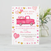 Valentine Pink Truck Drive by Baby Dusche Einladung (Stehend Vorderseite)