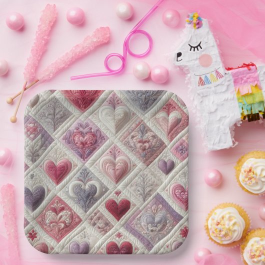 Valentine Quilted Heart Design Pappteller (Party)