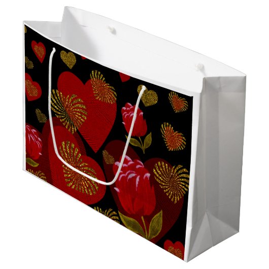 Valentine Red Gold rote Rose auf schwarz Große Geschenktüte (Vorderseite Schrägansicht)