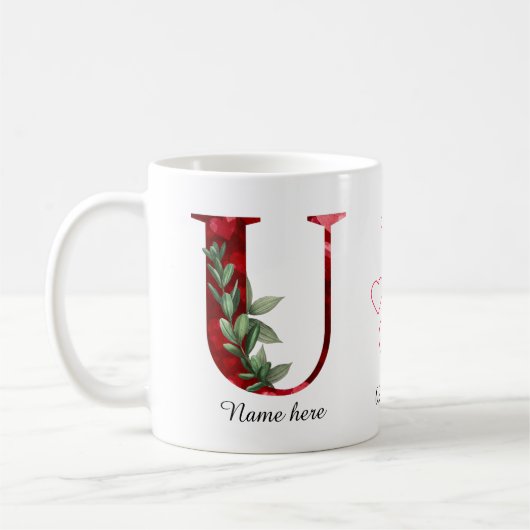 Valentine Red Heart Floral Letter U Initial Mug Kaffeetasse (Links)