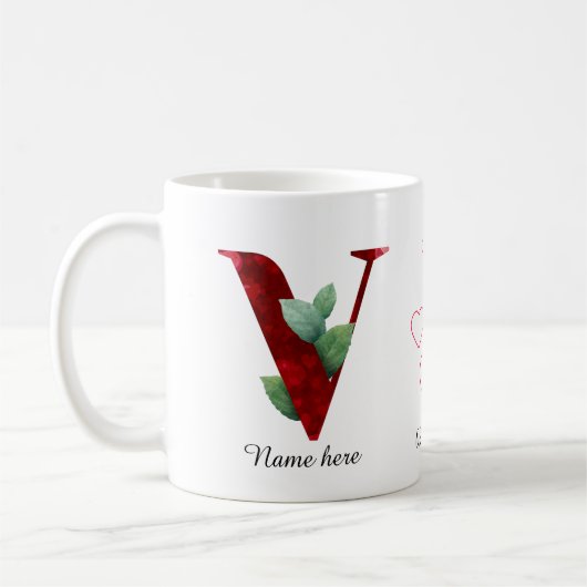 Valentine Red Heart Floral Letter V Initial Mug Kaffeetasse (Links)