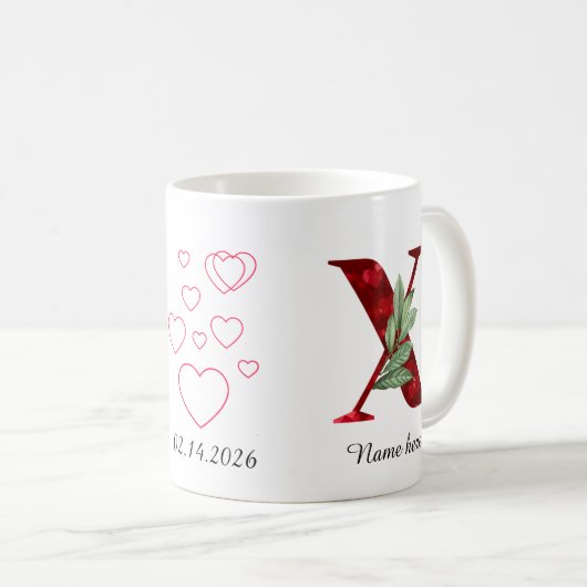 Valentine Red Heart Floral Letter X Initial Mug Kaffeetasse (VorderseiteRechts)