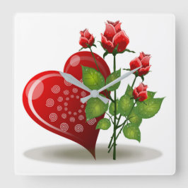 VALENTINE RED HEART UND ROTE ROSEN QUADRATISCHE WANDUHR