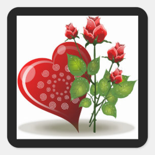 VALENTINE RED HEART UND ROTE ROSEN QUADRATISCHER AUFKLEBER