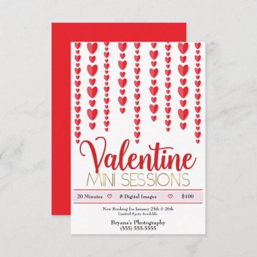 Valentine Red Hearts Mini Sessions Fotografie Einladung (Vorne/Hinten)