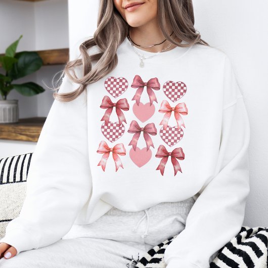 Valentine Retro Checkered Heart Coquette Bow Sweatshirt