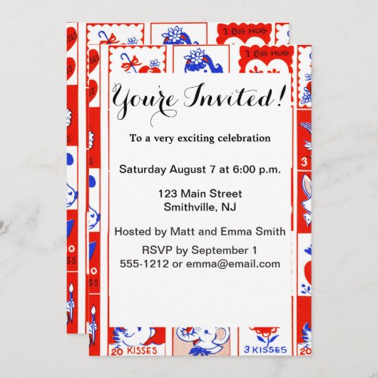 Valentine Retro Liebe schlägt Niedliche Muster Einladung (Vorne/Hinten)