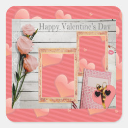 Valentine, rosa Rosen, Herz, Ihre Fotos hinzufügen Quadratischer Aufkleber