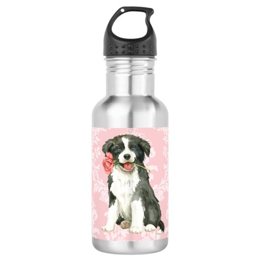 Valentine Rose Border Collie Edelstahlflasche (Vorderseite)