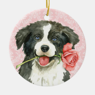 Valentine Rose Border Collie Keramik Ornament