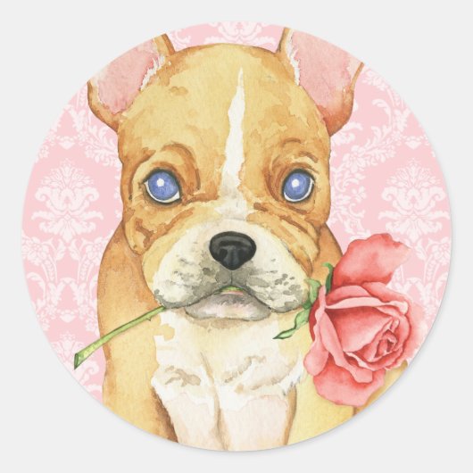 Valentine Rose Frenchie Runder Aufkleber (Vorderseite)