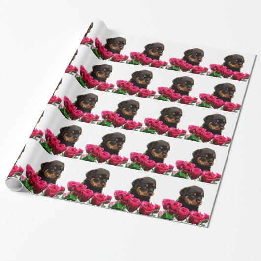 Valentine Rose Rottweiler Puppy Geschenkpapier (Ungerollt)