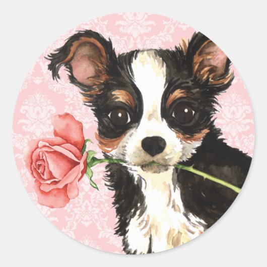Valentine-Rosen-langer MantelChihuahua Runder Aufkleber (Vorderseite)