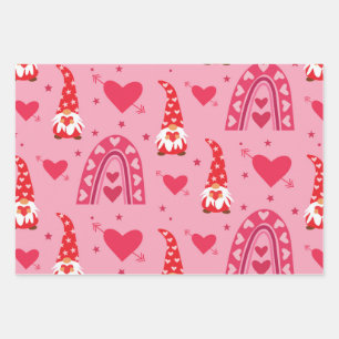 Valentine Rot Boho Regenbogen mit Gnome und Herzen Geschenkpapier Set