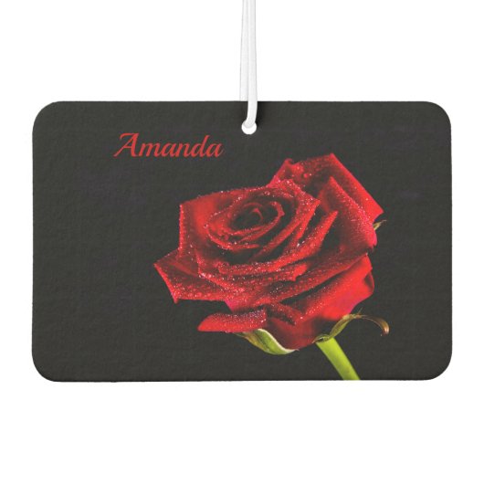 Valentine rote Rose mit Wassertropfen und Name Autolufterfrischer (Vorderseite)
