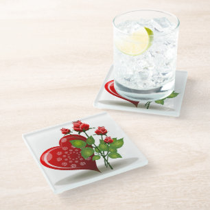VALENTINE ROTES HERZ UND ROTE ROSEN GLAS UNTERSETZ GLASUNTERSETZER