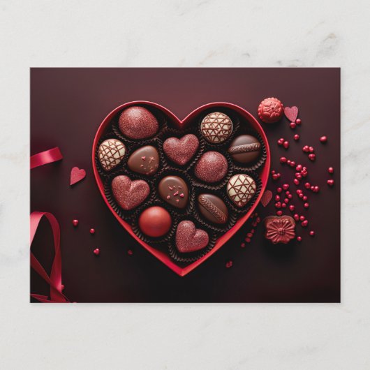 valentine`s day chocolates in a heart shaped box postkarte (Vorderseite)
